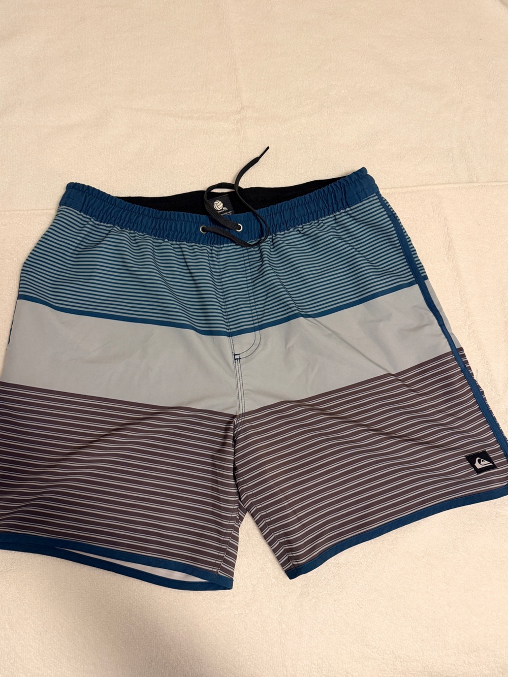 Quiksilver Men’s Blue, Gray and Brown Striped Board Shorts